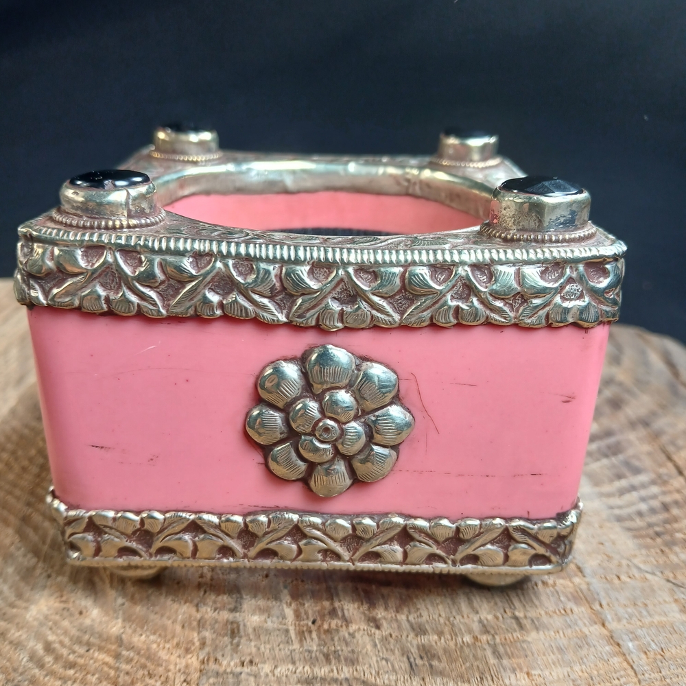 Ornate Pink Square Bangle With Repousse Silvertone Black Facted Accents